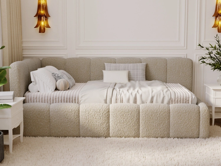 Jugendbett Einzelbett mit Bettkasten und Lattenrost 90x200 Cloud One Dunkelbeige Bouclé-Stoff