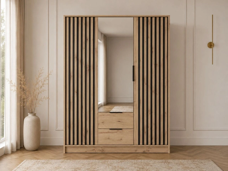 Kleiderschrank mit Spiegel 155 cm Macron Artisan Eiche, Schwarz