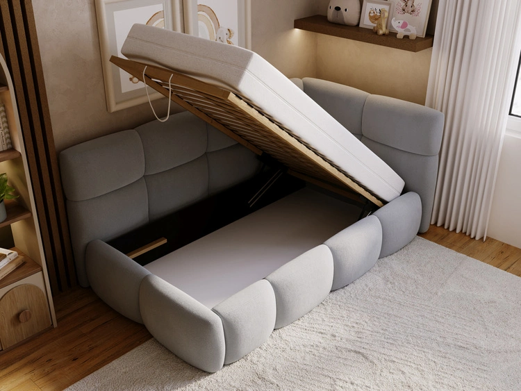 Gepolstertes Jugend-Einzelbett mit Bettkasten und Holzrost 90x200 Modo One Links Grau
