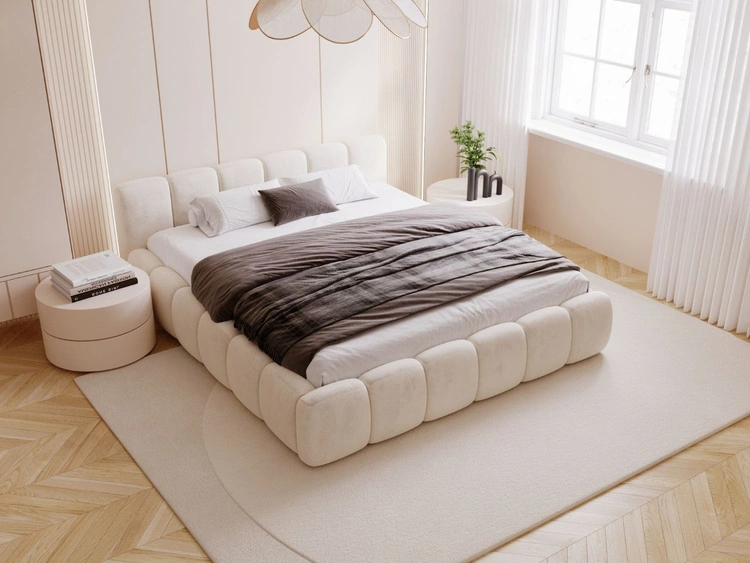 Polsterbett ohne Bettkasten mit Lattenrost 140x200 Cloud Low aus Samtstoff Beige