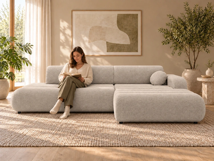 Ecksofa L-Form mit Schlaffunktion und Bettkasten Lisso Rechts Cremefarben