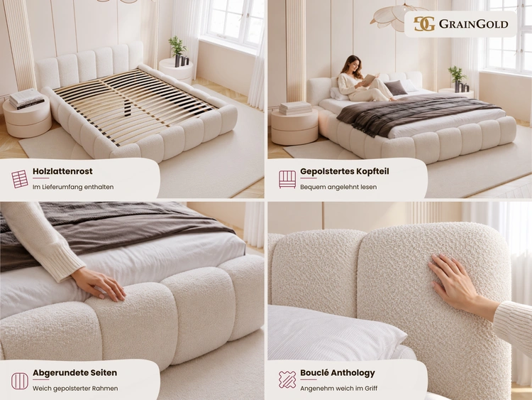 Polsterbett ohne Bettkasten mit Lattenrost 180x200 Cloud Low aus Bouclé-Stoff Braun