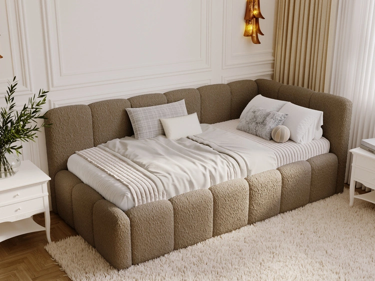 Jugendbett Einzelbett mit Bettkasten und Lattenrost 90x200 Cloud One Braun Bouclé-Stoff