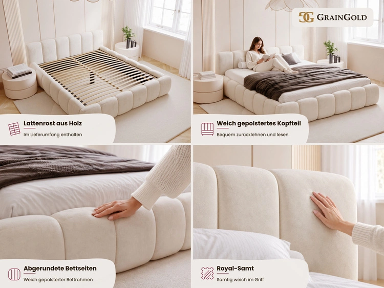 Polsterbett ohne Bettkasten mit Lattenrost 140x200 Cloud Low aus Samtstoff Beige