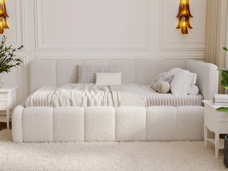 Jugendbett Einzelbett mit Bettkasten und Lattenrost 90x200 Cloud One Beige Bouclé-Stoff