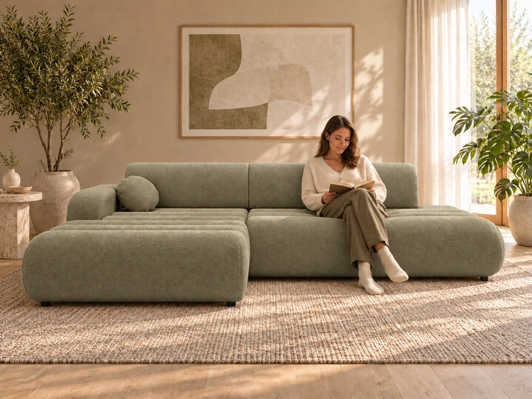 Ecksofa L-Form mit Schlaffunktion und Bettkasten Lisso Links Grün