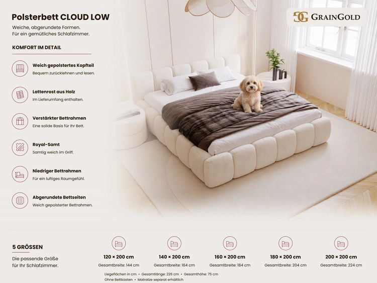 Polsterbett ohne Bettkasten mit Lattenrost 200x200 Cloud Low aus Samtstoff Beige
