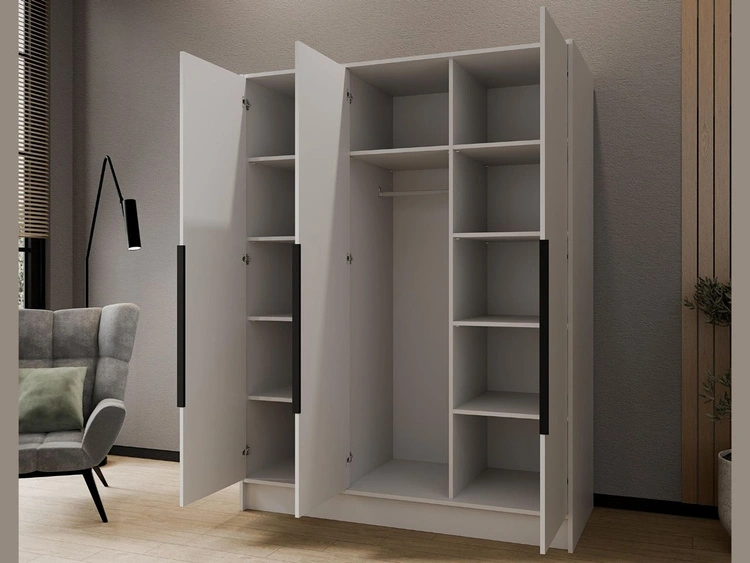 Kleiderschrank 150 cm Perugia Weiß mit schwarzen Griffen